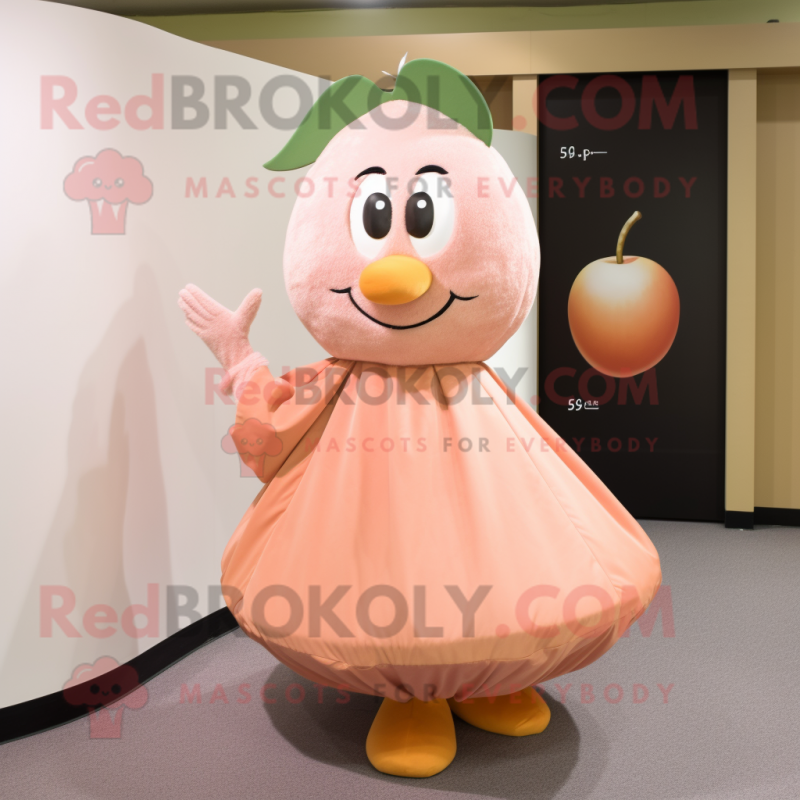 Peach Plum mascot costume character dressed with a Wrap Skirt and Lapel pins Peach Plum mascot costume character dressed with a Wrap Skirt and Lapel pins