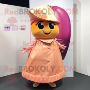 Peach Plum mascot costume character dressed with a Wrap Skirt and Lapel pins