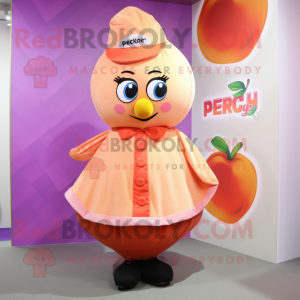 Peach Plum mascot costume character dressed with a Wrap Skirt and Lapel pins