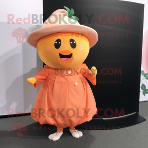 Peach Plum mascot costume character dressed with a Wrap Skirt and Lapel pins