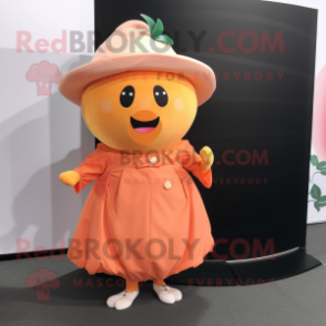 Peach Plum mascot costume character dressed with a Wrap Skirt and Lapel pins