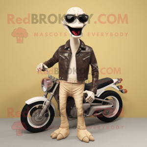 Beige Brachiosaurus mascot costume character dressed with a Biker Jacket and Watches