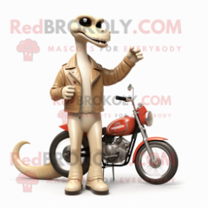 Beige Brachiosaurus mascot costume character dressed with a Biker Jacket and Watches
