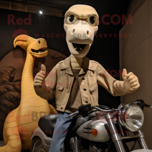 Beige Brachiosaurus mascot costume character dressed with a Biker Jacket and Watches
