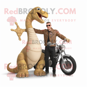 Beige Brachiosaurus mascot costume character dressed with a Biker Jacket and Watches