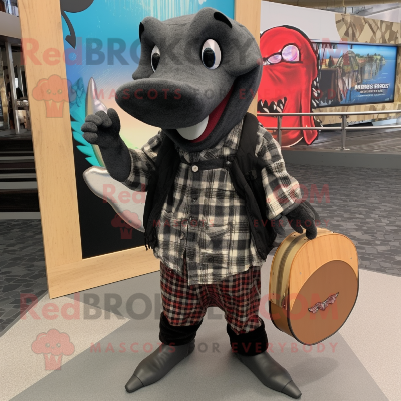 Black Stingray mascot costume character dressed with a Flannel Shirt and Handbags