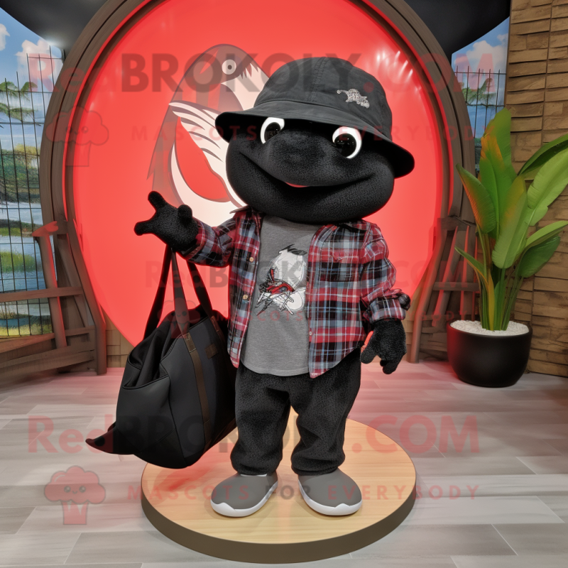 Black Stingray mascot costume character dressed with a Flannel Shirt and Handbags Black Stingray mascot costume character dressed with a Flannel Shirt and Handbags