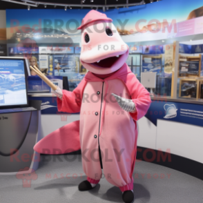 Pink Swordfish mascot costume character dressed with a Coat and Caps