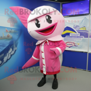 Pink Swordfish mascot costume character dressed with a Coat and Caps