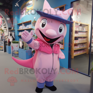 Pink Swordfish mascot costume character dressed with a Coat and Caps