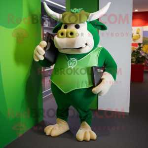 Green Bull mascot costume character dressed with a Rash Guard and Wallets