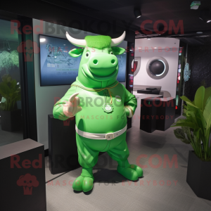 Green Bull mascot costume character dressed with a Rash Guard and Wallets