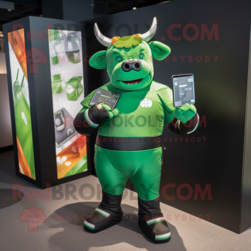 Green Bull mascot costume character dressed with a Rash Guard and Wallets