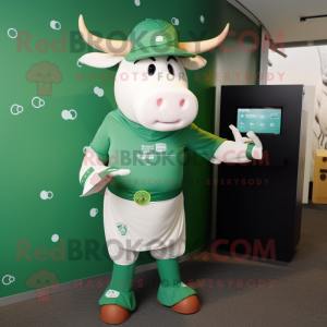 Green Bull mascot costume character dressed with a Rash Guard and Wallets