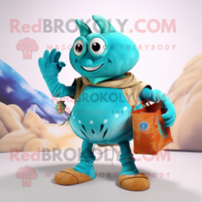 Turquoise Hermit Crab mascot costume character dressed with a V-Neck Tee and Clutch bags