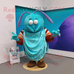 Turquoise Hermit Crab mascot costume character dressed with a V-Neck Tee and Clutch bags