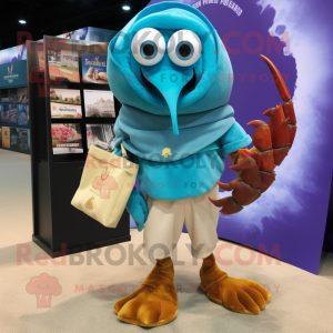 Turquoise Hermit Crab mascot costume character dressed with a V-Neck Tee and Clutch bags