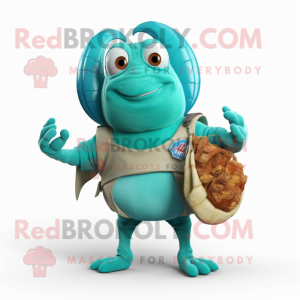 Turquoise Hermit Crab mascot costume character dressed with a V-Neck Tee and Clutch bags