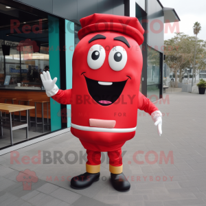 Red Burgers mascot costume character dressed with a Long Sleeve Tee and Suspenders