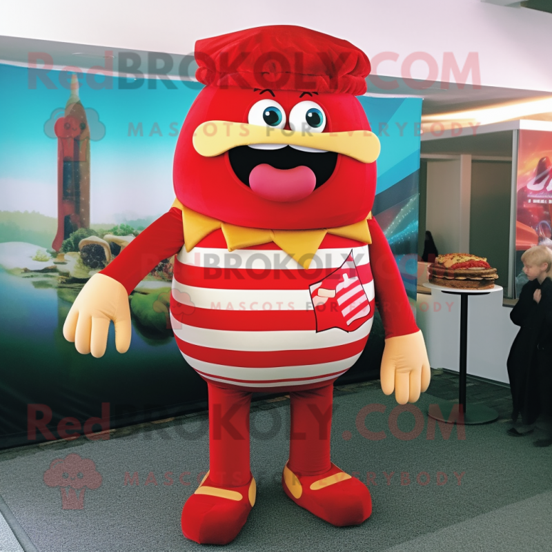 Red Burgers mascot costume character dressed with a Long Sleeve Tee and Suspenders