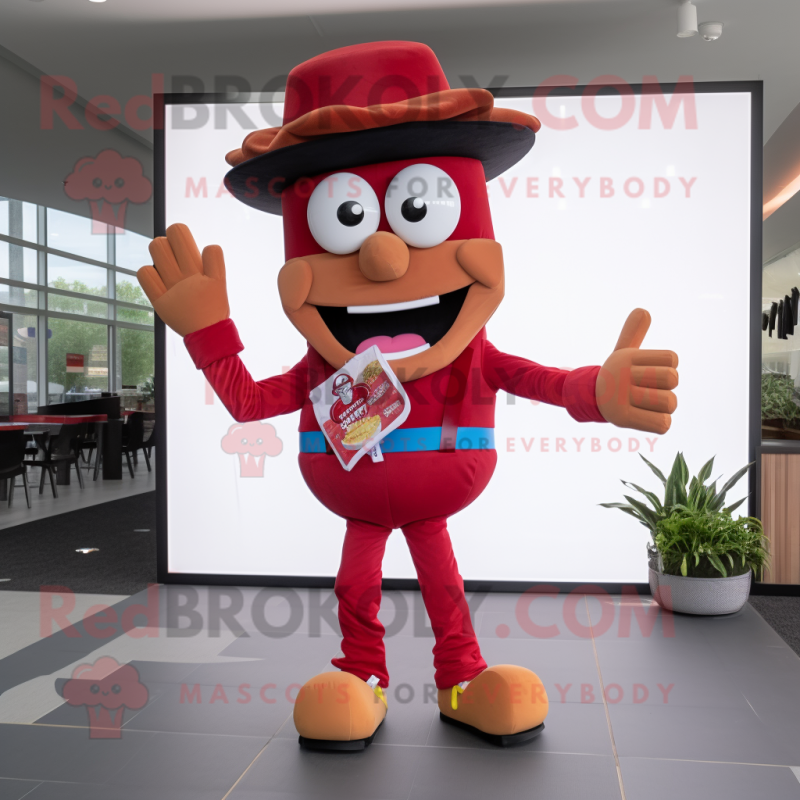 Red Burgers mascot costume character dressed with a Long Sleeve Tee and Suspenders