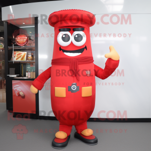 Red Burgers mascot costume character dressed with a Long Sleeve Tee and Suspenders