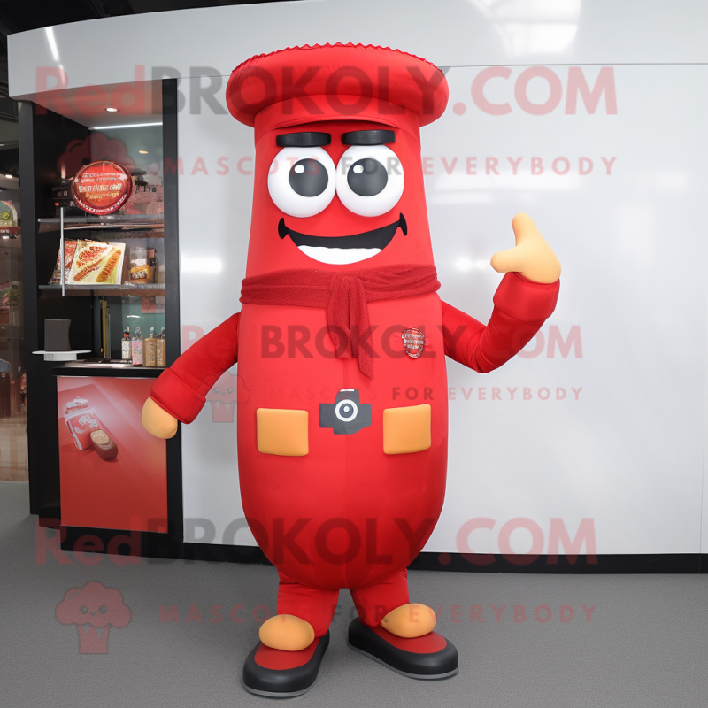 Red Burgers mascot costume character dressed with a Long Sleeve Tee and Suspenders