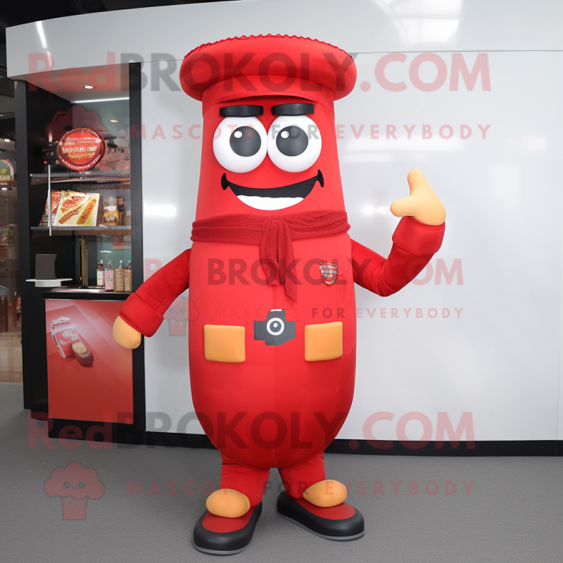 Red Burgers mascot costume character dressed with a Long Sleeve Tee and Suspenders Red Burgers mascot costume character dressed with a Long Sleeve Tee and Suspenders