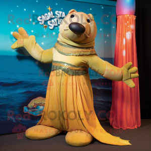 Gold Stellar'S Sea Cow mascot costume character dressed with a Maxi Dress and Bracelets