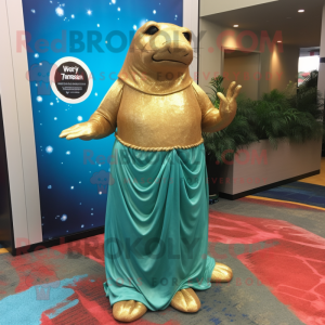 Gold Stellar'S Sea Cow mascot costume character dressed with a Maxi Dress and Bracelets