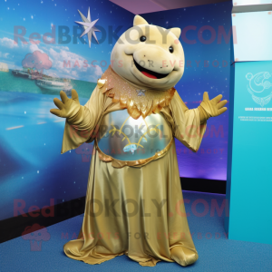 Gold Stellar'S Sea Cow mascot costume character dressed with a Maxi Dress and Bracelets