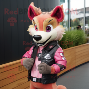 Pink Dingo mascot costume character dressed with a Leather Jacket and Bracelet watches
