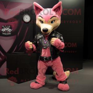 Pink Dingo mascot costume character dressed with a Leather Jacket and Bracelet watches