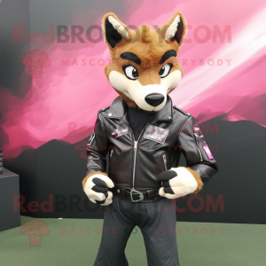 Pink Dingo mascot costume character dressed with a Leather Jacket and Bracelet watches