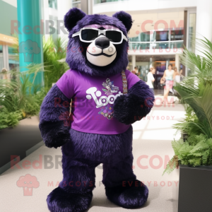 Purple Spectacled Bear mascot costume character dressed with a Henley Shirt and Sunglasses