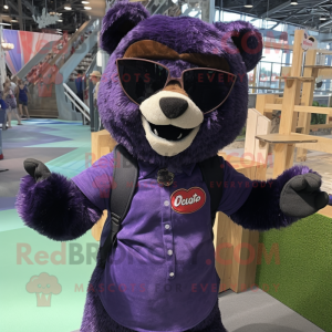 Purple Spectacled Bear mascot costume character dressed with a Henley Shirt and Sunglasses