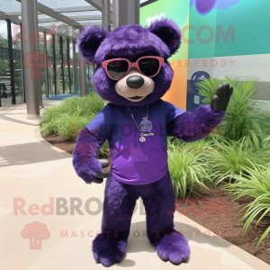 Purple Spectacled Bear mascot costume character dressed with a Henley Shirt and Sunglasses