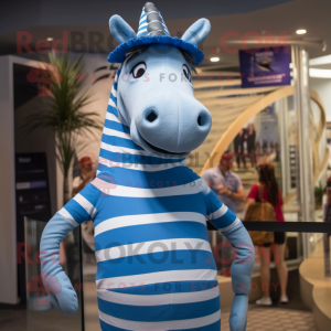 Blue Quagga mascot costume character dressed with a One-Piece Swimsuit and Hat pins