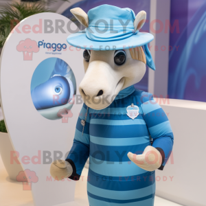 Blue Quagga mascot costume character dressed with a One-Piece Swimsuit and Hat pins