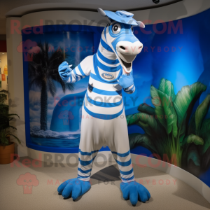 Blue Quagga mascot costume character dressed with a One-Piece Swimsuit and Hat pins