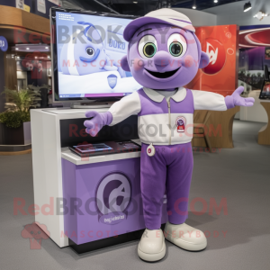 Lavender Television mascot costume character dressed with a Polo Shirt and Smartwatches