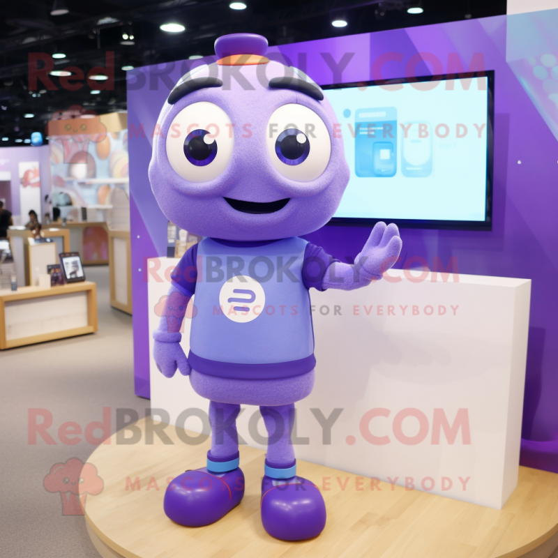 Lavender Television mascot costume character dressed with a Polo Shirt and Smartwatches Lavender Television mascot costume character dressed with a Polo Shirt and Smartwatches
