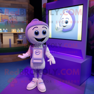 Lavender Television mascot costume character dressed with a Polo Shirt and Smartwatches