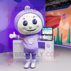 Lavender Television mascot costume character dressed with a Polo Shirt and Smartwatches