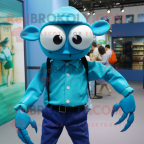 Cyan Crab mascot costume character dressed with a Oxford Shirt and Watches