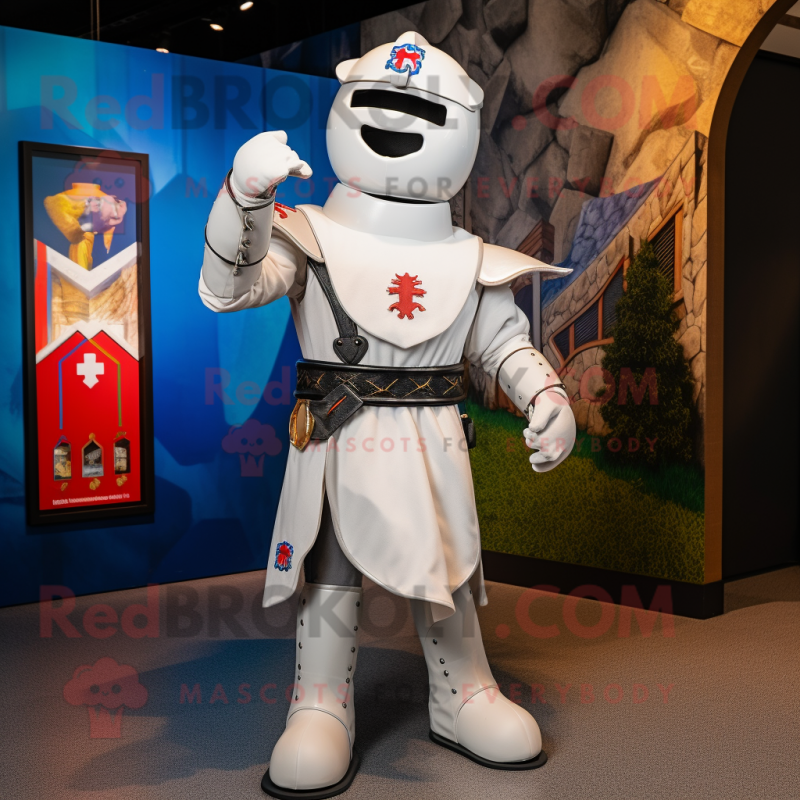 White Medieval Knight mascot costume character dressed with a Chinos and Suspenders White Medieval Knight mascot costume character dressed with a Chinos and Suspenders