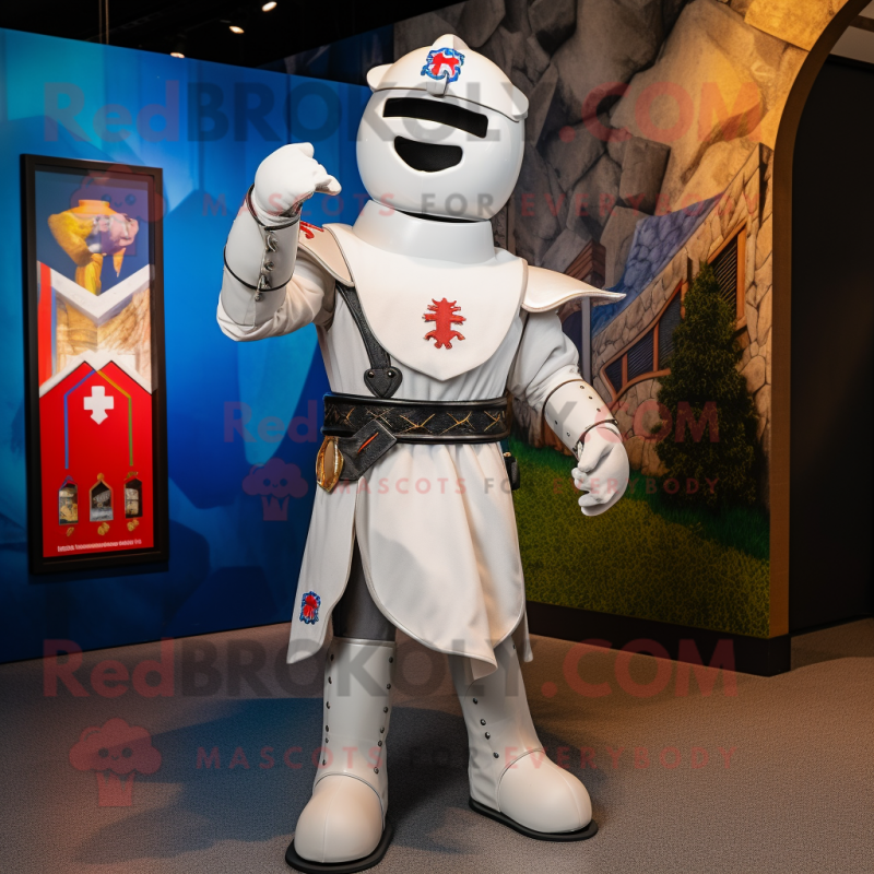 White Medieval Knight mascot costume character dressed with a Chinos and Suspenders