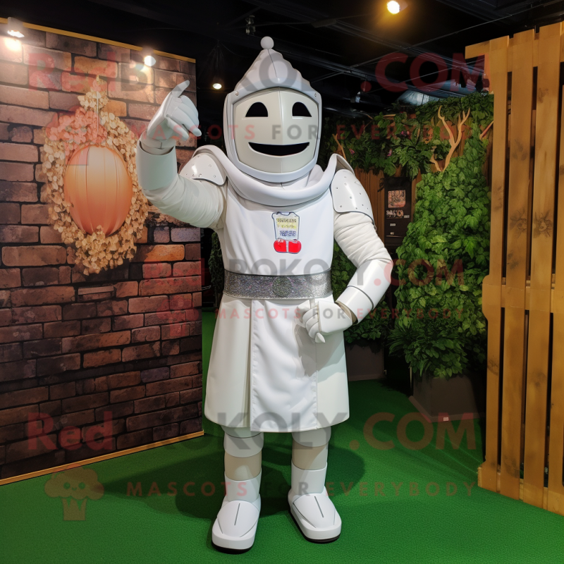 White Medieval Knight mascot costume character dressed with a Chinos and Suspenders White Medieval Knight mascot costume character dressed with a Chinos and Suspenders