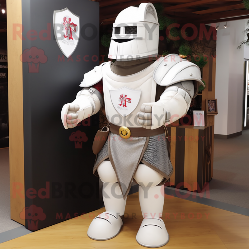 White Medieval Knight mascot costume character dressed with a Chinos and Suspenders White Medieval Knight mascot costume character dressed with a Chinos and Suspenders