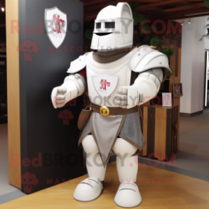 White Medieval Knight mascot costume character dressed with a Chinos and Suspenders